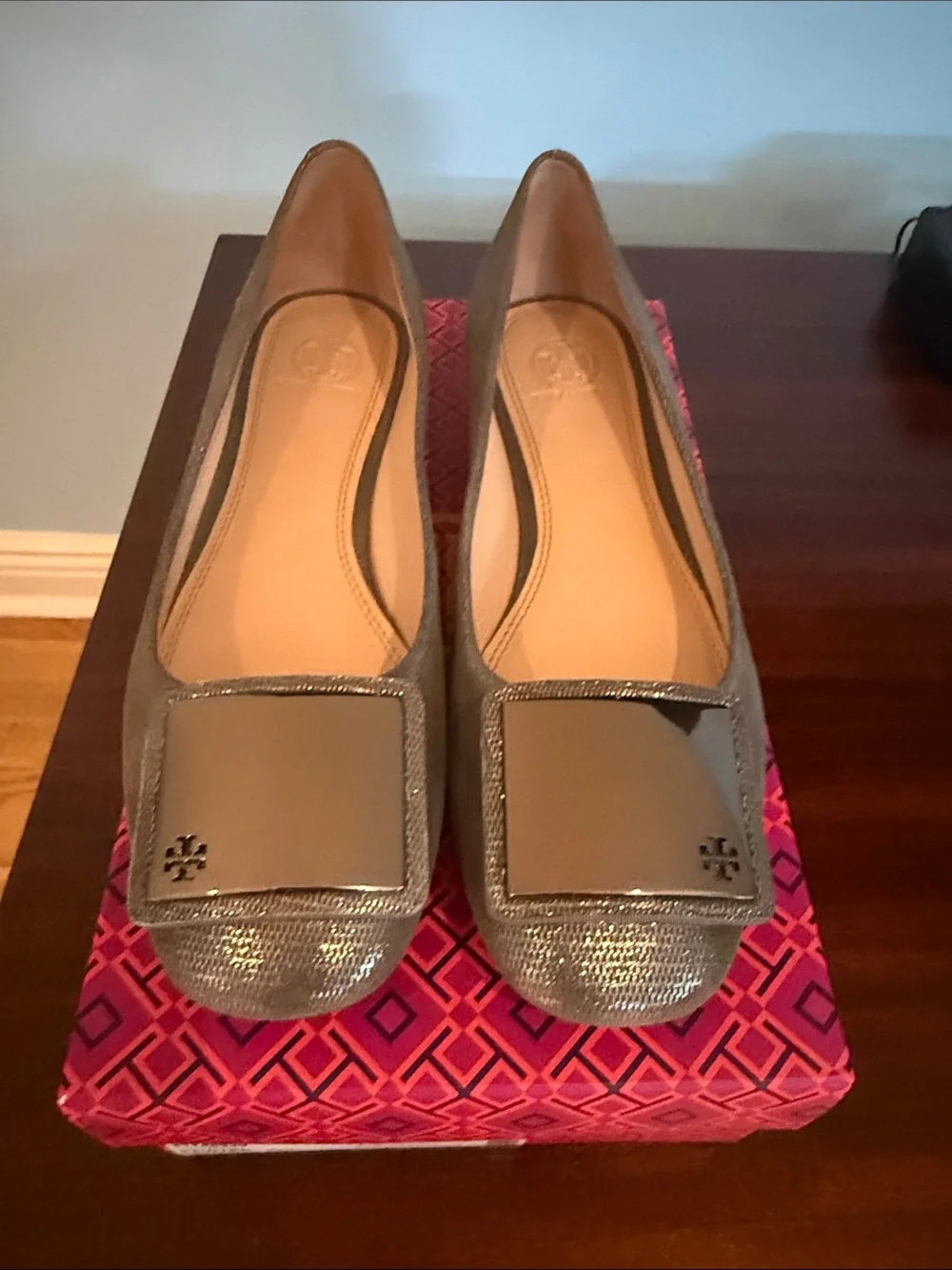 Tory Burch Silver Metallic Square-Embellished Flats